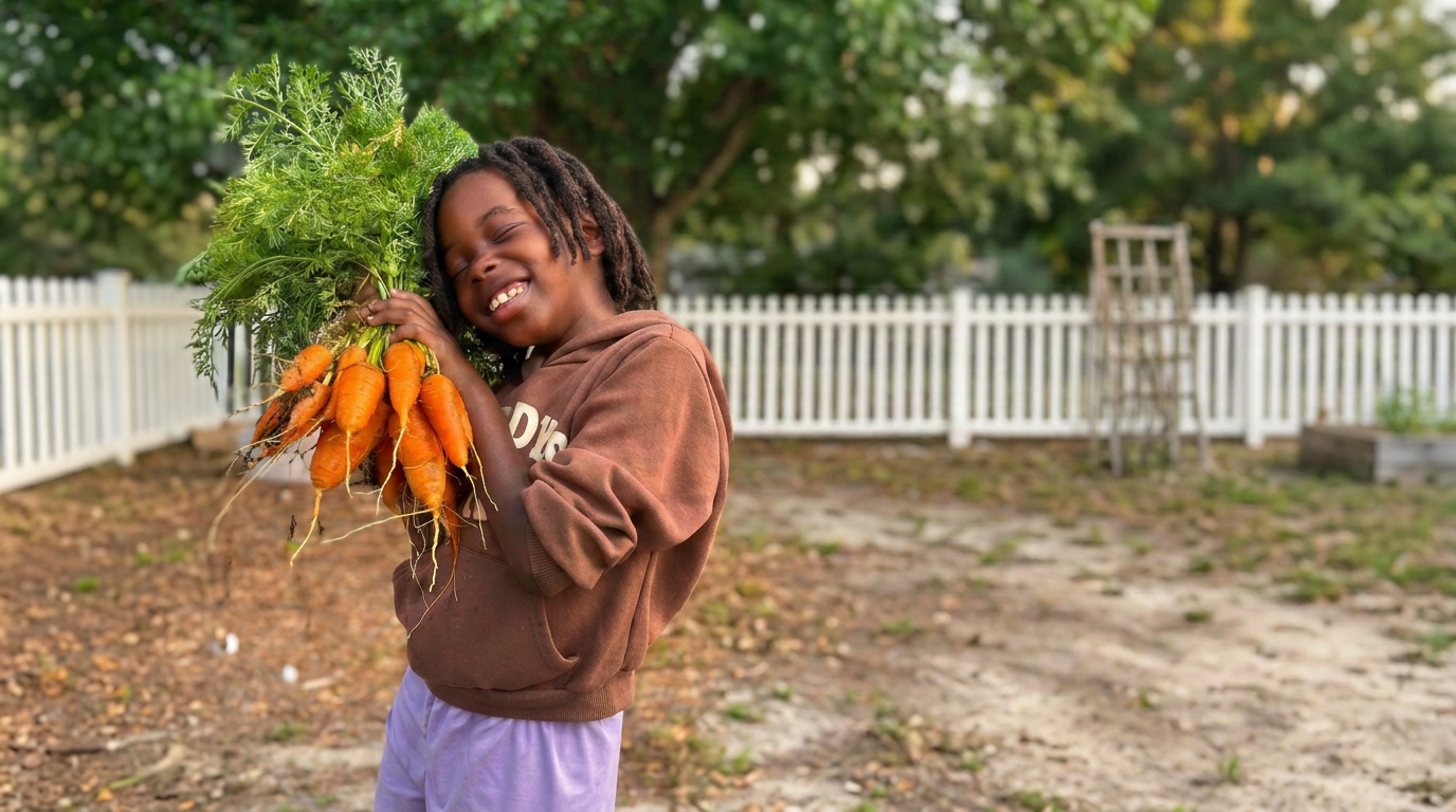 A child from the Saint Livingstone homestead holding a fresh bundle of just-harvested carrots