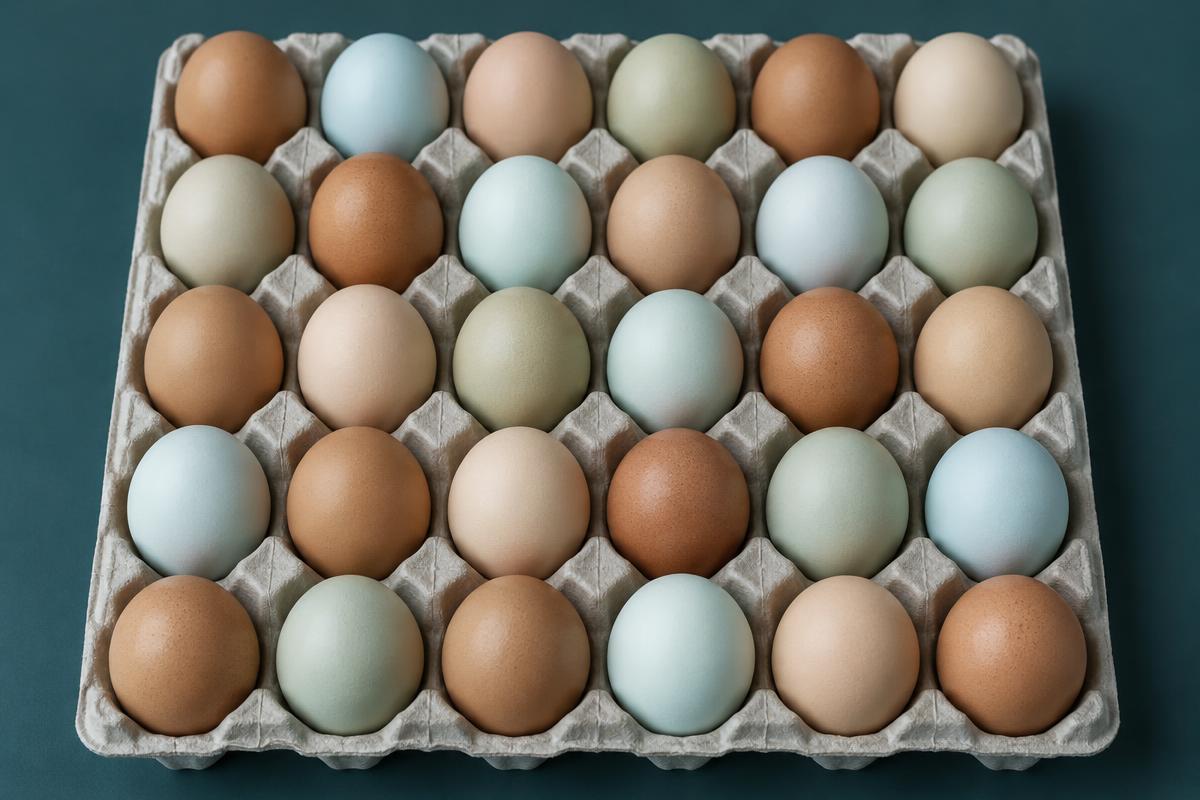 Thirty naturally blue, green, tan and brown eggs in a 30-slot tray